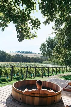 a man sitting in a hot tub on top of a wooden deck next to a vineyard