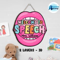 Speech Therapy Gift Door Sign Speech Room Decoration CCC SLP Teacher Custom Name Hanger Sign Speech Language Pathologist Gift Wooden Sign Materials: High-quality MDF, wood thickness from 0.4cm to 0.5cm - Color: Bright and vivid colors, lifelike graphics with high-precision UV printing - One side printing (front side), the backside is blank - Comes with a thick beige cotton rope which is fixed by a stapler on the back - Ready for hanging and ensuring durability and lasting hold * I am available m Speech Therapy Door Hanger, Slp Classroom Decorations, Speech Therapy Door Decorations, Speech Therapy Room Decorations Ideas, Slp Room Decor, Language Classroom Decor, Speech Therapy Room Decor, Speech Room Decor, Speech Classroom