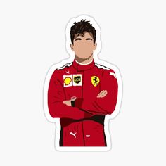 a sticker of a man in a racing suit with his arms crossed and looking to the side