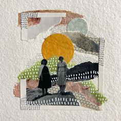 two people are standing in the middle of a collage with different colors and shapes