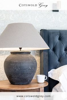 Black/Grey table lamp on bedside table with coffee mug Jug Lamp, Lamp Brown, Lamps Bedroom, Dining Living Room, Ceramic Base, Bedroom Lamps