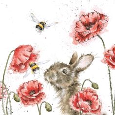 a painting of a bunny surrounded by red flowers and a bee flying over it's head