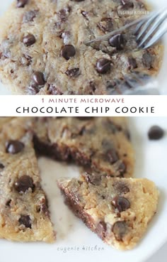 chocolate chip cookie cut in half on a white plate with a fork next to it