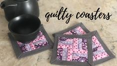 three quilted coasters sitting next to a teapot and coffee pot on a table