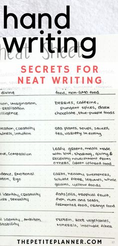 hand writing secrets for neat writing with the title in red and black on top of it