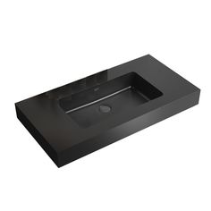 a black bathroom sink sitting on top of a counter