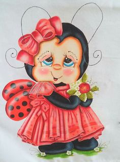 a drawing of a ladybug holding a flower in her hand and wearing a red dress