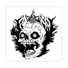 a black and white drawing of a skull with a crown on it's head