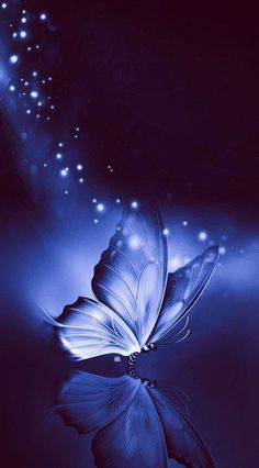 a blue butterfly flying in the air with its wings spread out and lights shining on it