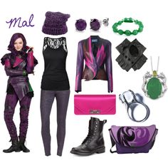 a woman in purple and black outfit with accessories