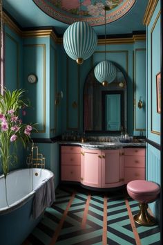 a bath room with a tub a sink and two lights hanging from it's ceiling