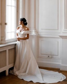 White Satin Wedding Dress For Bride Wedding Dresses Off Shoulder, Country Style Wedding Dresses, Wedding Dress Satin, Dresses Off Shoulder, Sweep Train Wedding Dress, Train Wedding Dress, Off Shoulder Wedding Dress, Country Style Wedding, Classy Wedding Dress