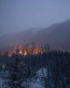 a castle lit up at night in the middle of a snowy forest with mountains behind it