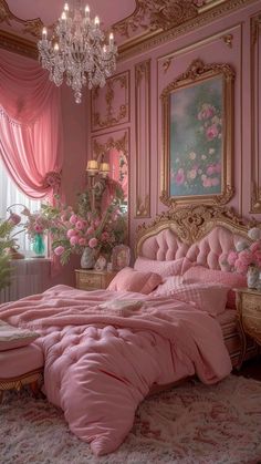 a pink bedroom with chandelier and flowers on the bed