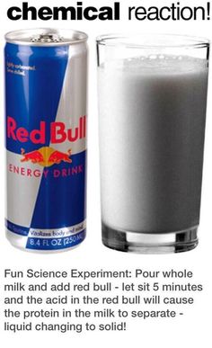 a can of red bull energy drink next to a glass full of milk and ice