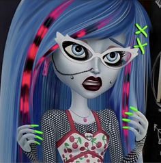 a painting of a girl with blue hair and makeup holding up green scissors in front of her face