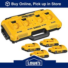 a yellow tool box with five batteries and four other tools