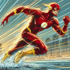 the flash running through water with buildings in the background and bright lights coming from his chest