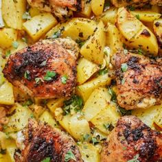 chicken and potatoes with herbs in a pan