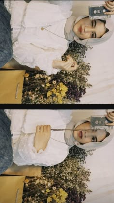 two pictures of a woman with flowers in her hair and holding a pair of scissors