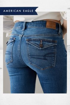 Next Level Stretch/Our softest, stretchiest, never-loses-its-shape denim/Super soft, super comfortable, super you!/Won't bag out. Ever./Medium wash American Eagle Low Rise Jeans, Cheap Fitted Low-rise Jeans, American Eagle Jeans Women, Buttcrack In Low Rised Jeans, Dark Wash Mid-rise Jeggings With Pockets, Mid-rise Dark Wash Jeggings With Pockets, Compression Clothing, Ae Jeans, Jeans Street Style