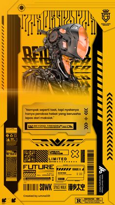 the back side of a yellow and black poster with an image of a robot's head