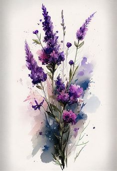 a watercolor painting of purple flowers on a white background