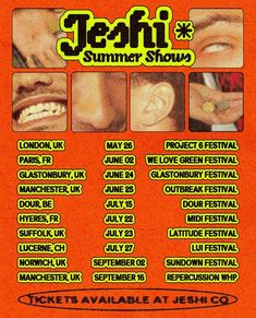 the poster for jeani's summer shows, which features four different faces and words