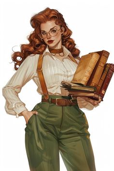 a woman with glasses and suspenders holding two books in her hands while wearing green pants