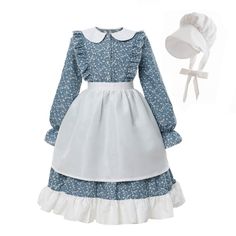 PRICES MAY VARY. ❤Three-piece Pioneer Costume: 1*Blue Floral Print Calico Prairie Dress, 1*White Apron, 1*White Bonnet ❤ Features: This pioneer dress fastens with buttons at the center front and features a white broadcloth apron that ties at the waist. The sleeves of the dress have shoulder ruffles as well as elastic at the cuffs. Peter pan collar, white ruffled hemline for added detail. This prairie dress also comes with a traditional white bonnet with elastic at the back and an under-chin tie. Pioneer Girl Costume, Oktoberfest Costume Women, Pilgrim Dresses, Pioneer Costume, White Bonnet, Pioneer Dress, Oktoberfest Dress, Colonial Dress, Prairie Dresses