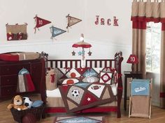 a baby crib bedding set with soccer theme