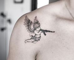 Lil Angel Tattoo, Angels Tattoo Men, Small Angel Tattoo Men, Ideas Tatuajes Hombre, Angel With Ak Tattoo, Angel Tattoo For Men, Small Guardian Angel Tattoos, Angle Tattoo For Men, Angelo Tattoo