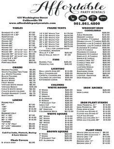 a black and white menu for a restaurant with prices on the front, and other items in