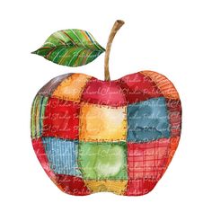 an apple with colorful squares and a green leaf