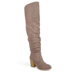 Journee Collection Women's Wide Width Wide Calf Kaison Boot Journee Collection's Kaison thigh-high boots are a daring choice for fall. This vegan leather style is elevated with a stacked block heel that is easy to wear and flattering. A wide-width footbed detailed with a padded insole and a wide-calf perfect the fit.  Heel Height:3-inch Heel Type: Stacked  Platform Height: Flat Shaft Height:24 inches Calf Circumference:15 3/4 inches Top Circumference:17 1/2 inches Shoe Width: Wide Closure Type: Inside Zip Toe Style: Round Lining: Fabric Upper Material: Faux Suede Outersole Material: Man-made Footbed:  Padded  Good To Know All measurements are approximate and were taken using a size 6. Please note measurements may vary slightly by size. Extra Wide Calf Boots, Minimalist Boots, Womens Tall Boots, Stacked Heel Boots, Women's Over The Knee Boots, Chunky High Heels, Slouched Boots, Wide Calf Boots, Wide Calf