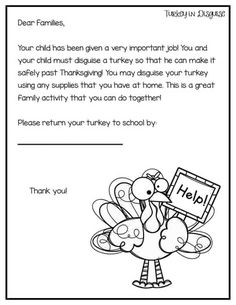 a thanksgiving letter from a child with an image of a turkey holding a sign