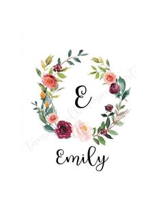 the letter e is surrounded by flowers and leaves, with the word's name on it