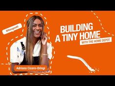 a woman talking on a cell phone while standing in front of an orange background with the words building a tiny home