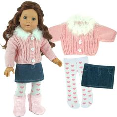 the doll is wearing a pink sweater and jeans