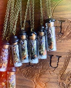 Each bottle is first cleansed with Palo Santo and Saged while I say a short protection mantra. I then light a candle and add sea salt, snowflake obsidian, carnelian, mugwort, nettles, cinnamon bark, bay leaf and lavender. I then meet black and gold wax and seal each bottle with the intention of protectionn so mote it be. They are each on a roughly 26" chain that can be shortened or made to whatever specifications you like if you let me know in the messages. Thank you! Have a blessed day 🙏 Protection Mantra, Spell Necklace, Spell Jar Necklace, Witchcraft Shop, Jar Necklace, Witchy Kitchen, Witch Room, Protection Spell, Magic Bottles