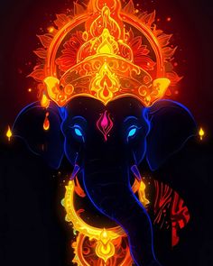 an elephant with intricate designs on it's face in front of a red and yellow background