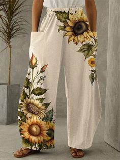 Women's Wide Leg Chinos Pants Trousers Sunflower Pocket Print Full Length Micro-elastic High Waist Active Fashion Street Daily Wear Pink Blue S M Spring 2024 - $26.99 Pants Gift, Casual Wide Leg Pants, Printed Wide Leg Pants, Pink Spring, Plus Size Pants, Moda Vintage, Pantalon Large, Type Of Pants, Mode Vintage