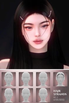 an animation character's face with different facial expressions and hair styles for the head