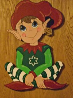 a painting of a elf sitting on top of a wooden floor next to a wall