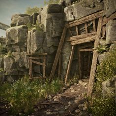 an old wooden structure surrounded by rocks and plants