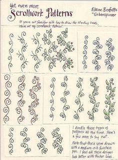 an image of embroidery patterns for flowers and leaves on white paper, with green lettering