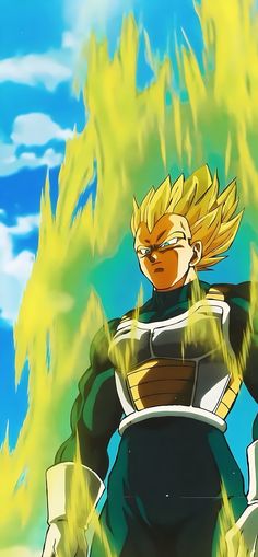 the young gohan is standing in front of some green grass and blue sky with clouds