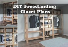 there are pictures of closets with clothes hanging on them and the words diy freestanding closet plans