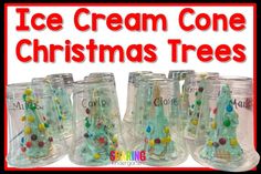 ice cream cone christmas trees are lined up in clear cups with colorful beads on them