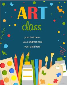 an art class poster with paintbrushes and palettes